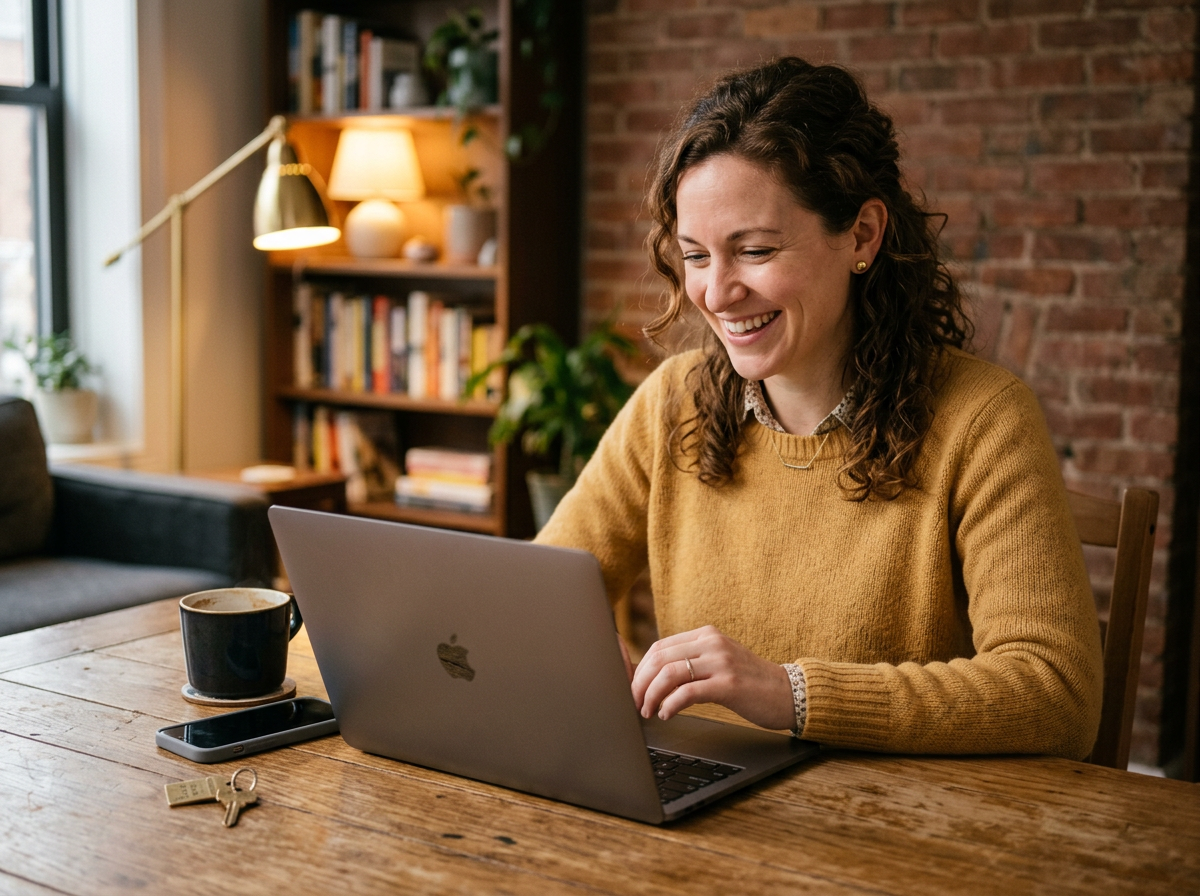 A landlord smiling at a laptop on a kitchen table, with a phone and a set of keys beside it