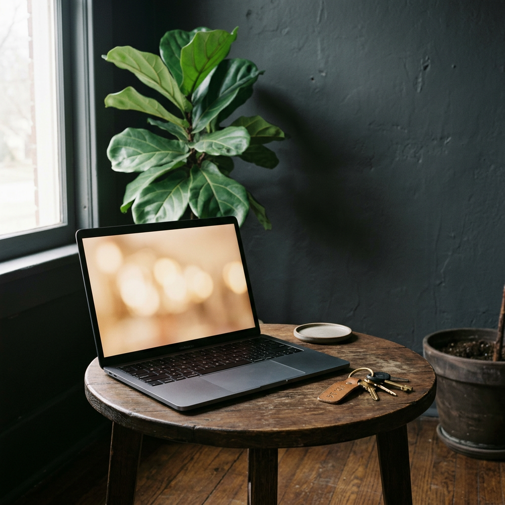 A laptop and a set of keys on a small wooden table beside a leafy plant